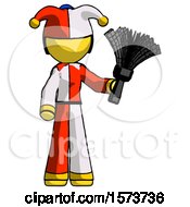 Poster, Art Print Of Yellow Jester Joker Man Holding Feather Duster Facing Forward