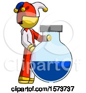 Poster, Art Print Of Yellow Jester Joker Man Standing Beside Large Round Flask Or Beaker