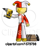 Poster, Art Print Of Yellow Jester Joker Man Holding Drill Ready To Work Toolchest And Tools To Right