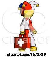 Poster, Art Print Of Yellow Jester Joker Man Walking With Medical Aid Briefcase To Right