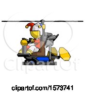 Poster, Art Print Of Yellow Jester Joker Man Flying In Gyrocopter Front Side Angle View