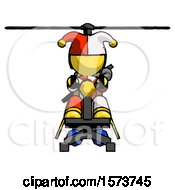 Poster, Art Print Of Yellow Jester Joker Man Flying In Gyrocopter Front View