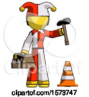 Poster, Art Print Of Yellow Jester Joker Man Under Construction Concept Traffic Cone And Tools