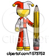 Poster, Art Print Of Yellow Jester Joker Man With Large Pencil Standing Ready To Write