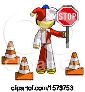 Poster, Art Print Of Yellow Jester Joker Man Holding Stop Sign By Traffic Cones Under Construction Concept