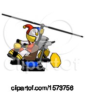 Poster, Art Print Of Yellow Jester Joker Man Flying In Gyrocopter Front Side Angle Top View