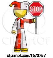 Poster, Art Print Of Yellow Jester Joker Man Holding Stop Sign