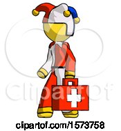 Poster, Art Print Of Yellow Jester Joker Man Walking With Medical Aid Briefcase To Left