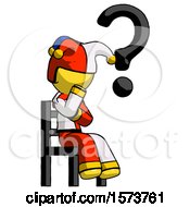 Poster, Art Print Of Yellow Jester Joker Man Question Mark Concept Sitting On Chair Thinking