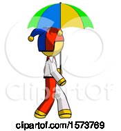 Poster, Art Print Of Yellow Jester Joker Man Walking With Colored Umbrella
