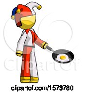 Poster, Art Print Of Yellow Jester Joker Man Frying Egg In Pan Or Wok Facing Right