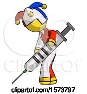 Poster, Art Print Of Yellow Jester Joker Man Using Syringe Giving Injection