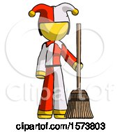 Yellow Jester Joker Man Standing With Broom Cleaning Services