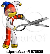 Poster, Art Print Of Yellow Jester Joker Man Holding Giant Scissors Cutting Out Something