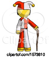 Yellow Jester Joker Man Standing With Hiking Stick