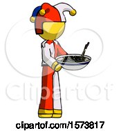 Yellow Jester Joker Man Holding Noodles Offering To Viewer