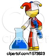Poster, Art Print Of Yellow Jester Joker Man Holding Test Tube Beside Beaker Or Flask
