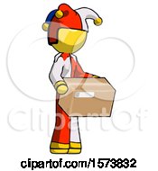 Poster, Art Print Of Yellow Jester Joker Man Holding Package To Send Or Recieve In Mail