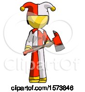 Poster, Art Print Of Yellow Jester Joker Man Holding Red Fire Fighters Ax