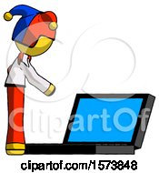 Poster, Art Print Of Yellow Jester Joker Man Using Large Laptop Computer Side Orthographic View