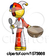 Poster, Art Print Of Yellow Jester Joker Man With Empty Bowl And Spoon Ready To Make Something