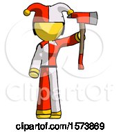 Poster, Art Print Of Yellow Jester Joker Man Holding Up Red Firefighters Ax