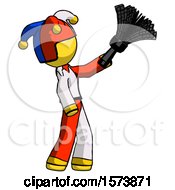 Poster, Art Print Of Yellow Jester Joker Man Dusting With Feather Duster Upwards