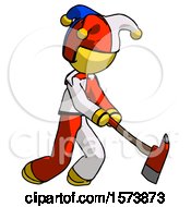 Poster, Art Print Of Yellow Jester Joker Man Striking With A Red Firefighters Ax