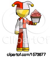 Yellow Jester Joker Man Presenting Pink Cupcake To Viewer