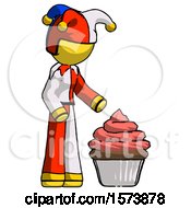 Poster, Art Print Of Yellow Jester Joker Man With Giant Cupcake Dessert