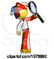 Yellow Jester Joker Man Inspecting With Large Magnifying Glass Facing Up