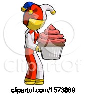 Poster, Art Print Of Yellow Jester Joker Man Holding Large Cupcake Ready To Eat Or Serve