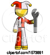 Poster, Art Print Of Yellow Jester Joker Man Holding Wrench Ready To Repair Or Work