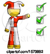 Poster, Art Print Of Yellow Jester Joker Man Standing By List Of Checkmarks