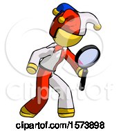 Yellow Jester Joker Man Inspecting With Large Magnifying Glass Right