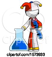 Poster, Art Print Of White Jester Joker Man Holding Test Tube Beside Beaker Or Flask