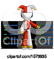 Poster, Art Print Of White Jester Joker Man With Server Racks In Front Of Two Networked Systems