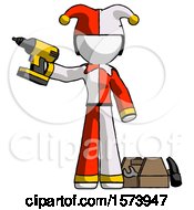 Poster, Art Print Of White Jester Joker Man Holding Drill Ready To Work Toolchest And Tools To Right