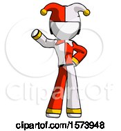 White Jester Joker Man Waving Right Arm With Hand On Hip