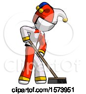 Poster, Art Print Of White Jester Joker Man Cleaning Services Janitor Sweeping Side View