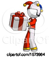 Poster, Art Print Of White Jester Joker Man Presenting A Present With Large Red Bow On It