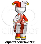 Poster, Art Print Of White Jester Joker Man Gifting Present With Large Bow Front View