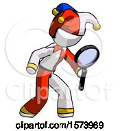 Poster, Art Print Of White Jester Joker Man Inspecting With Large Magnifying Glass Right