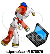 Poster, Art Print Of White Jester Joker Man Throwing Laptop Computer In Frustration