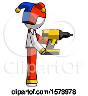 Poster, Art Print Of White Jester Joker Man Using Drill Drilling Something On Right Side