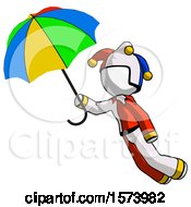 Poster, Art Print Of White Jester Joker Man Flying With Rainbow Colored Umbrella