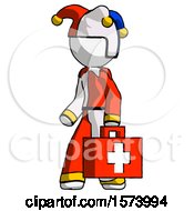 Poster, Art Print Of White Jester Joker Man Walking With Medical Aid Briefcase To Left