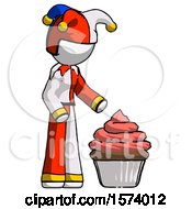 Poster, Art Print Of White Jester Joker Man With Giant Cupcake Dessert