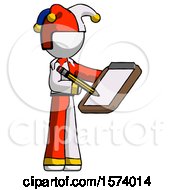 Poster, Art Print Of White Jester Joker Man Using Clipboard And Pencil