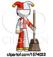 Poster, Art Print Of White Jester Joker Man Standing With Broom Cleaning Services
